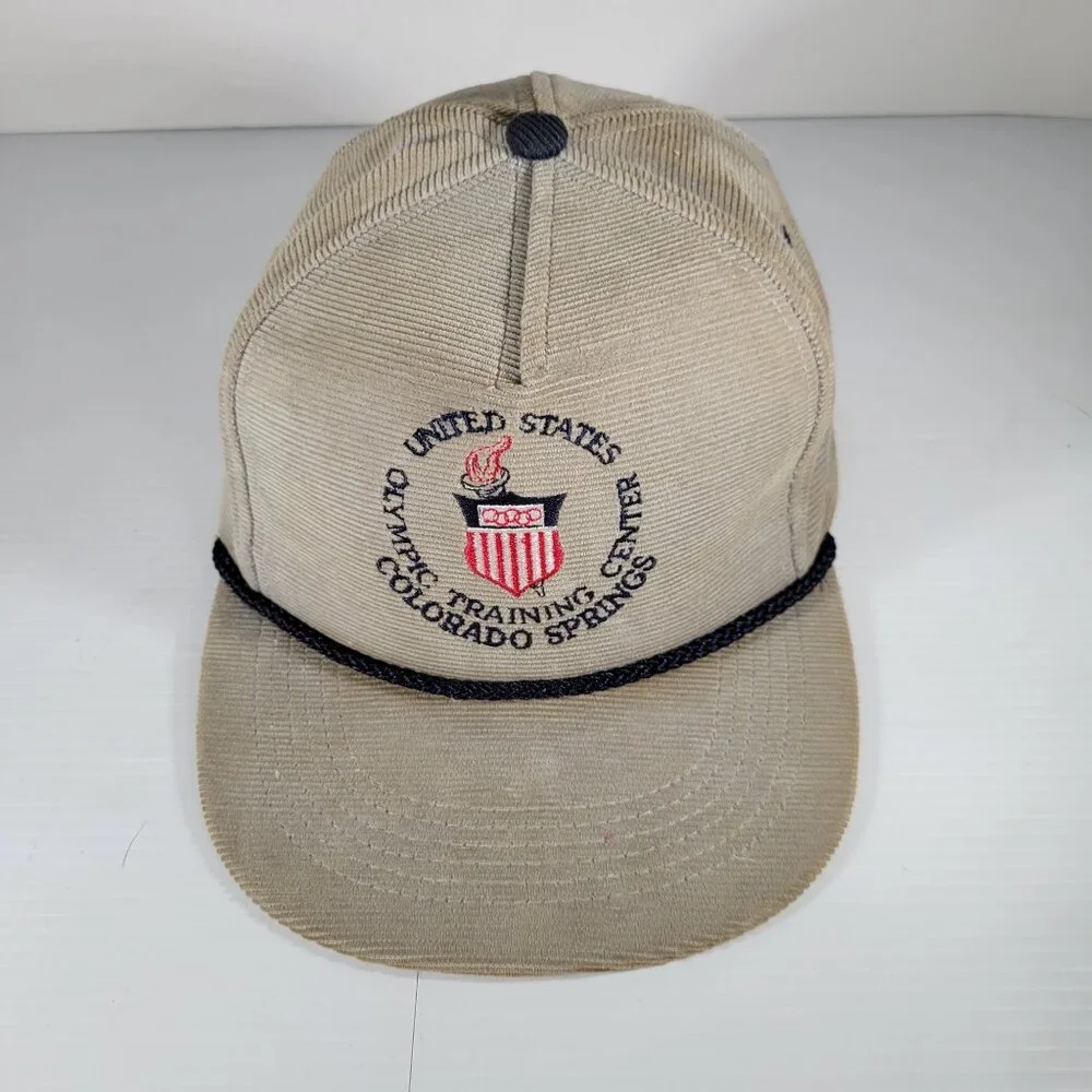 Vintage US Olympic Training Center Corduroy Cap Snapback Hat MADE IN USA Tan Bei